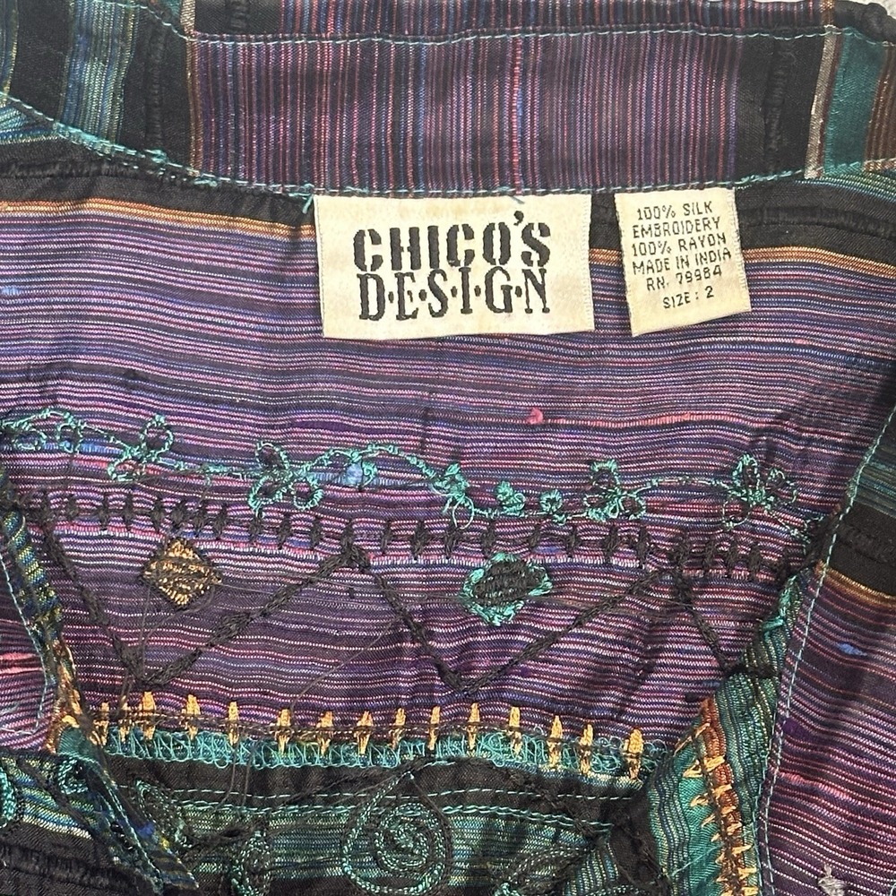 Vintage Chico's Silk Blouse 2 Size Large Colorful Boho Artsy Beaded Embroidered - Picture 6 of 8